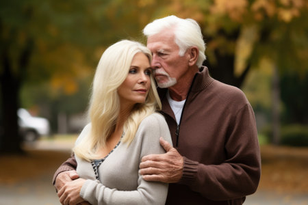 a loving couple standing outside with their arms around each other, created with generative aiの素材