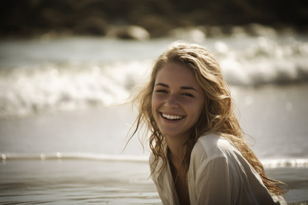 a happy young blonde woman relaxing on the beach, created with generative aiの素材