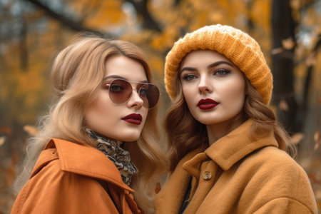 two attractive young women enjoying the outdoors, created with generative aiの素材