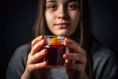 closeup shot of a young woman holding a jar of jam and toast, created with generative aiの素材