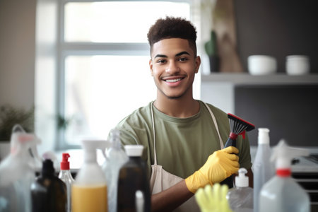 shot of a young man holding bottles of household cleaning supplies at home, created with generative aiの素材