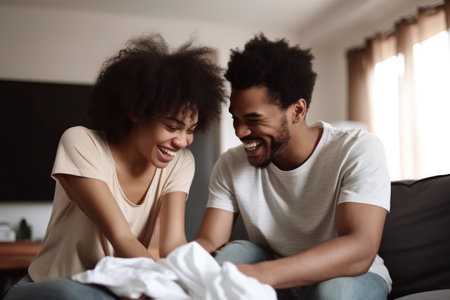 shot of a happy young couple folding laundry together on their sofa at home, created with generative aiの素材