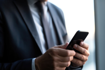 closeup shot of an unrecognisable businessman using a cellphone in an office, created with generative aiの素材