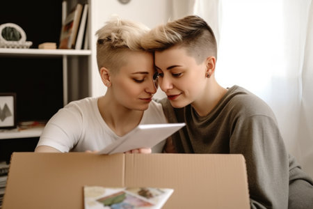 portrait of a young lesbian couple going through their mail together at home, created with generative aiの素材