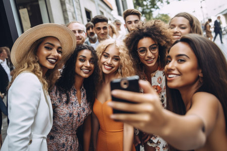 shot of a group of friends taking selfies at an event, created with generative aiの素材