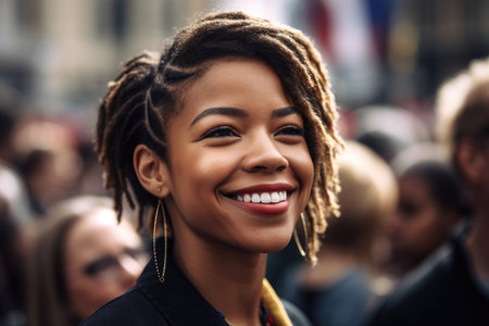 shot of an attractive young woman smiling at members of the lgbt community during a parade, created with generative aiの素材