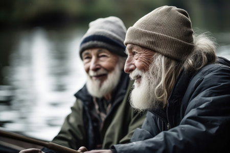 shot of a senior couple taking a break while out on the water in canoes, created with generative aiの素材