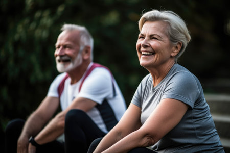 senior man sitting outside together with a woman for fun, exercise or training, created with generative aiの素材