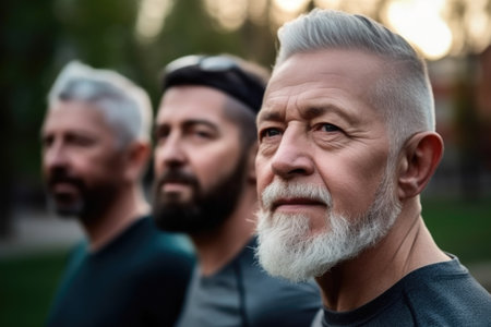 senior, exercise and senior men in park workout training for cardio health, fitness or wellness, created with generative aiの素材