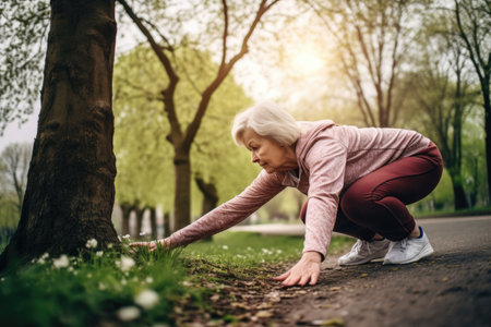 sport, exercise and senior woman stretching at a park with focus in nature during workout, created with generative aiの素材