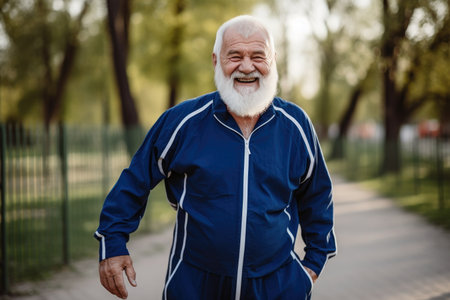 active senior man in a park smiling and holding a jumpsuit, created with generative aiの素材