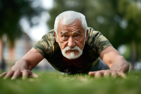 shot of a senior man doing push ups while exercising in a park, created with generative aiの素材