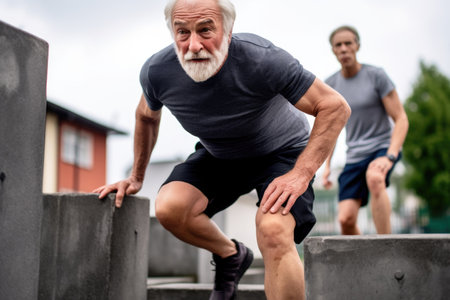 active senior man, casual and parkour exercise at a skatepark with friends for speed training outdoors, created with generative aiの素材