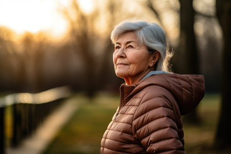active senior woman standing in the park to exercise or train her muscle groups, created with generative aiの素材