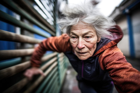 motion blur, parkour and fitness with a senior woman doing running training in an urban gym, created with generative aiの素材
