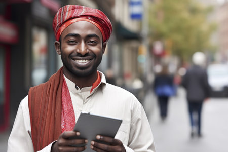 an ethnic man talking to you through his tablet in the city, created with generative aiの素材