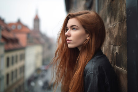 a young woman leaning on a city wall while looking out over the streets, created with generative aiの素材