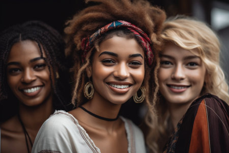 a young woman smiling while standing next to her ethnic friends, created with generative aiの素材