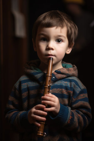 portrait of a young boy holding an instrument during music class, created with generative aiの素材
