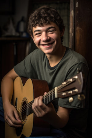 a young man sitting with his guitar and smiling at you, created with generative aiの素材