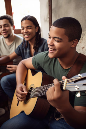 a young man playing the guitar for a group of friends, created with generative aiの素材