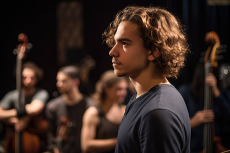 a young man looking away thoughtfully while his band practices in the background, created with generative aiの素材