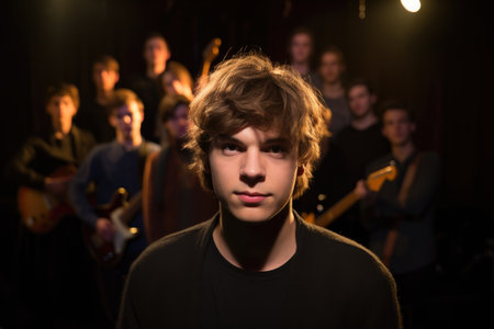 a young man looking at the camera with his bandmates in the background, created with generative aiの素材