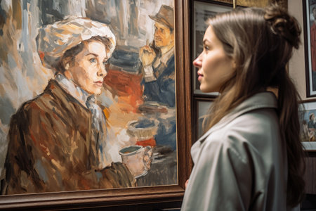 a young woman having some coffee while admiring the work of a painter, created with generative aiの素材