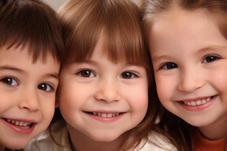 closeup of three little kids smiling happily at their parents, created with generative aiの素材