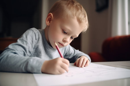 shot of a little boy drawing on paper at home, created with generative aiの素材