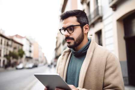 a handsome young man wearing glasses and looking at a tablet while standing in the city, created with generative aiの素材