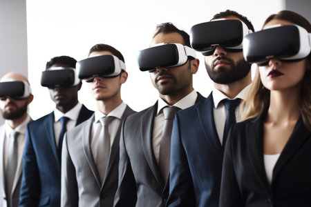 closeup of a group of businesspeople wearing virtual reality headsets, created with generative aiの素材