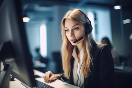 a beautiful young woman wearing a headset while working in a modern office, created with generative aiの素材