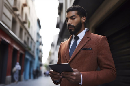 cropped shot of a young businessman using his tablet in the city, created with generative aiの素材