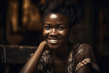 a young african woman sitting and smiling happily at the camera, created with generative aiの素材