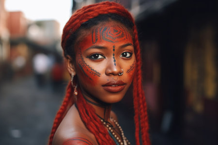 cropped shot of a woman wearing traditional face paint while standing outdoors, created with generative aiの素材