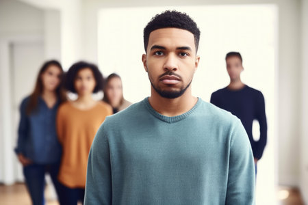 shot of a young man standing in front of his family, created with generative aiの素材