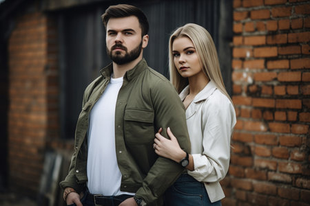 shot of a young couple standing outside with their arms linked, created with generative aiの素材