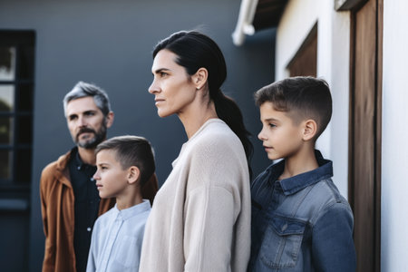 shot of a woman standing outside with her husband and children, created with generative aiの素材