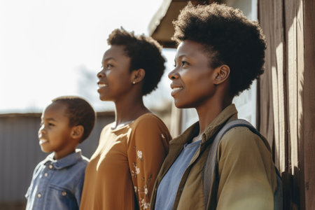 shot of a woman standing outside with her husband and children, created with generative aiの素材