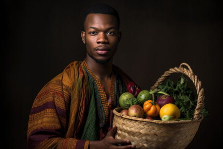 a young african man in traditional attire holding a basket of produce, created with generative aiの素材