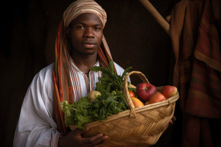 a young african man in traditional attire holding a basket of produce, created with generative aiの素材