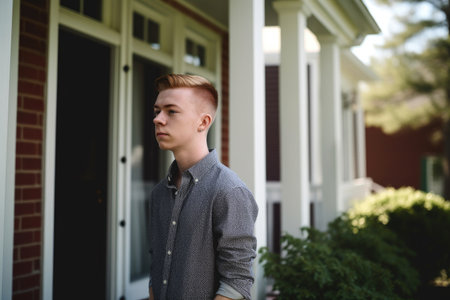 shot of a young man standing outside of his home, created with generative aiの素材