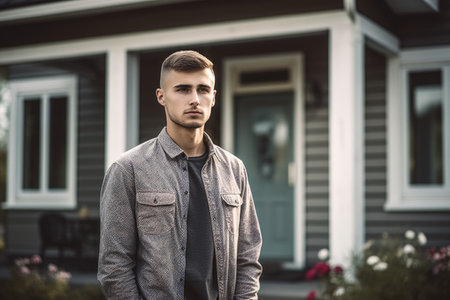 shot of a young man standing outside of his home, created with generative aiの素材
