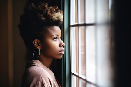 shot of a young woman looking through her window at home, created with generative aiの素材