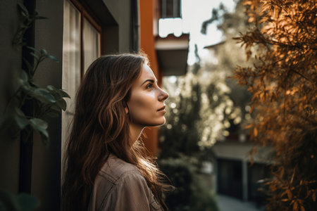 shot of a woman standing and looking at her home, created with generative aiの素材