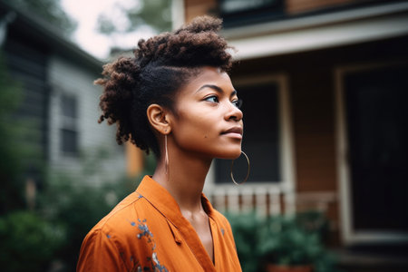 shot of a young woman standing outside her home, created with generative aiの素材