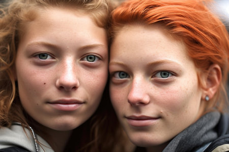 shot of a young lesbian couple at a protest, created with generative aiの素材