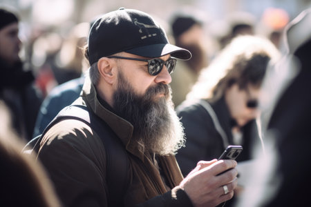 shot of a man using his phone while attending a rally, created with generative aiの素材