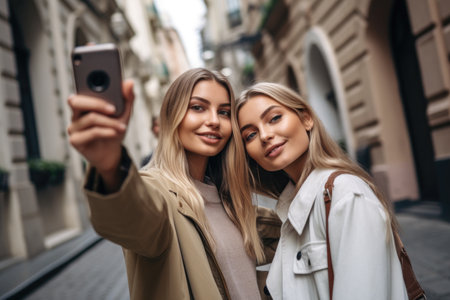 shot of two female friends taking selfies while out exploring the city, created with generative aiの素材